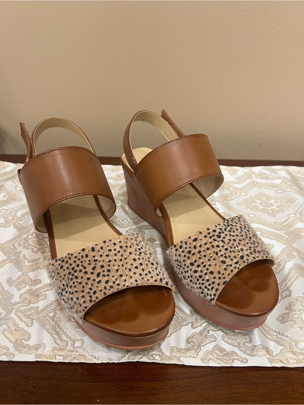CL by Chinese Laundry Tan Wedge Sandals with Leopard Haircalf Strap